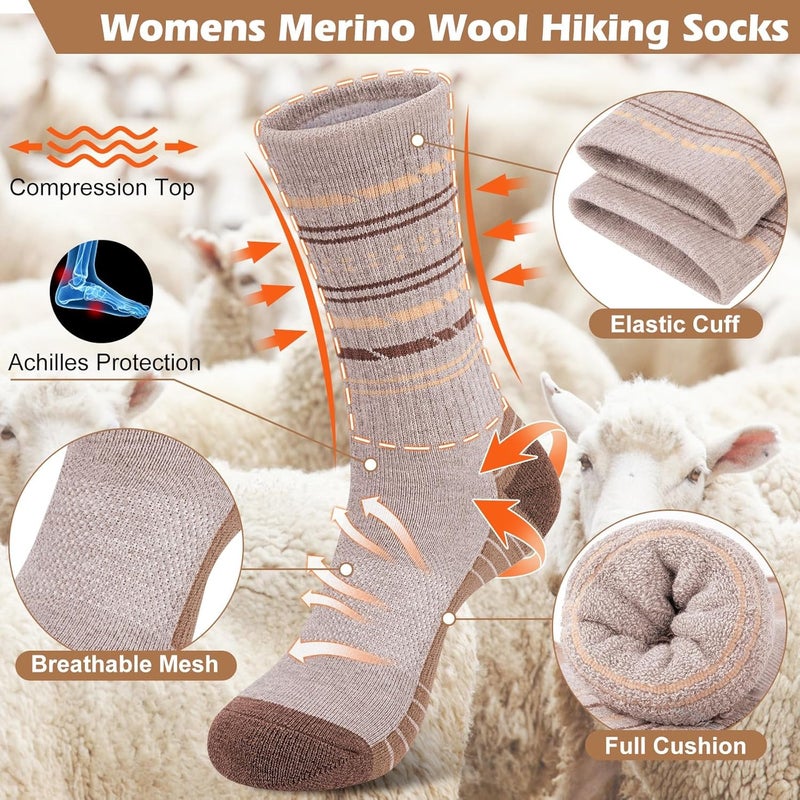 SEEKSOCK Store 5 Pairs Womens Merino Wool Hiking Socks Winter Warm Crew Moisture Wicking Thick Cushioned Striped Boot Socks - Image 2